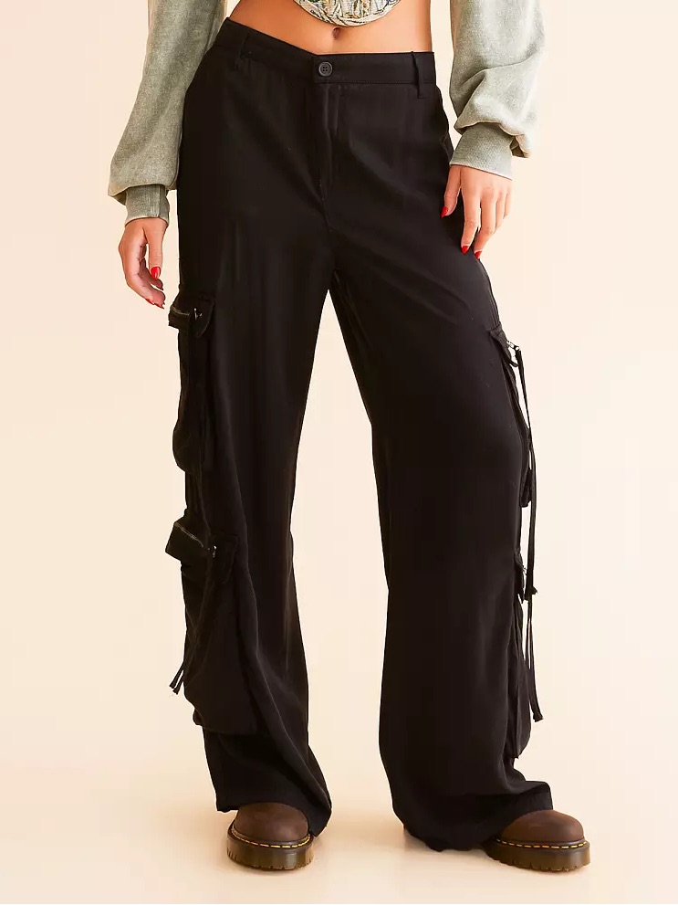 Black Wide-Leg Cargo Pants With Side Strap Accents